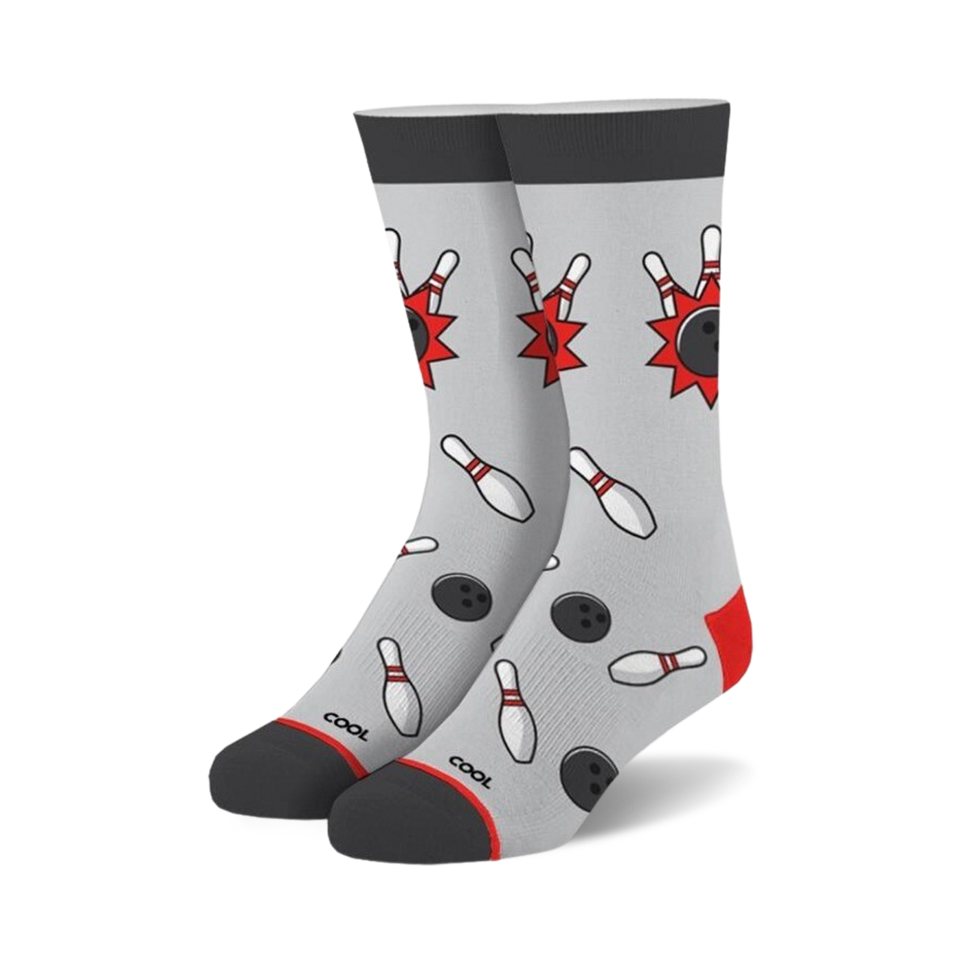 Pair of crew socks in gray, red, and white.  They feature a fun bowling-themed design with pins and balls.