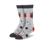Pair of crew socks in gray, red, and white.  They feature a fun bowling-themed design with pins and balls.