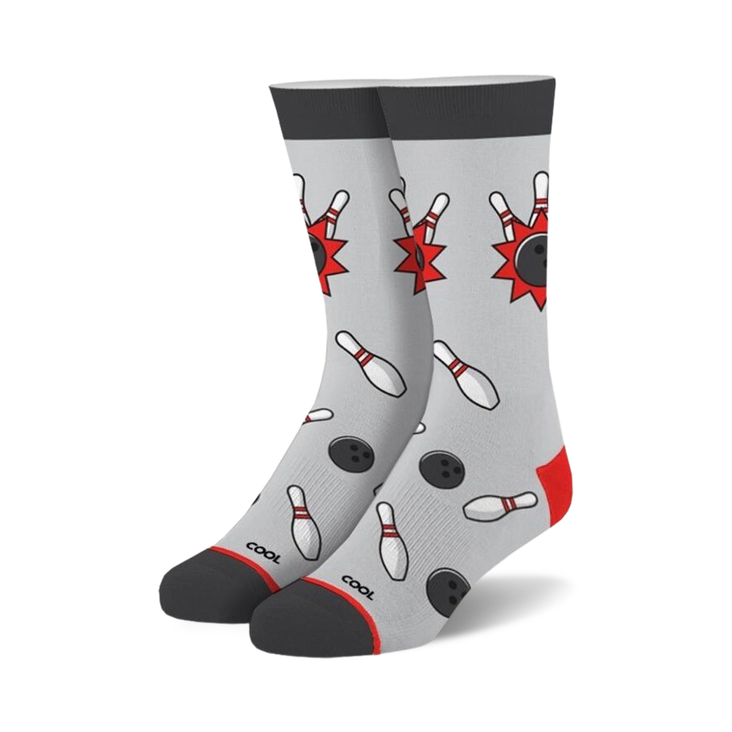 Pair of crew socks in gray, red, and white.  They feature a fun bowling-themed design with pins and balls.
