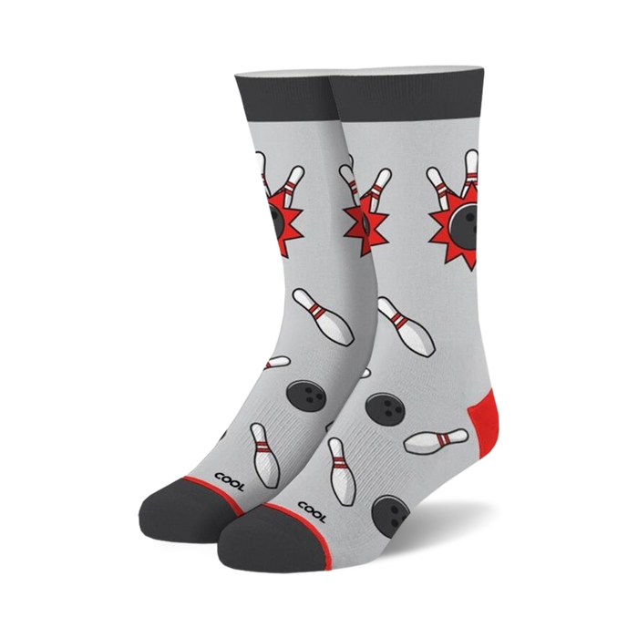 bowling crew socks with pattern of red and white bowling pins and black bowling balls with 2 red stripes. made for men and women.  