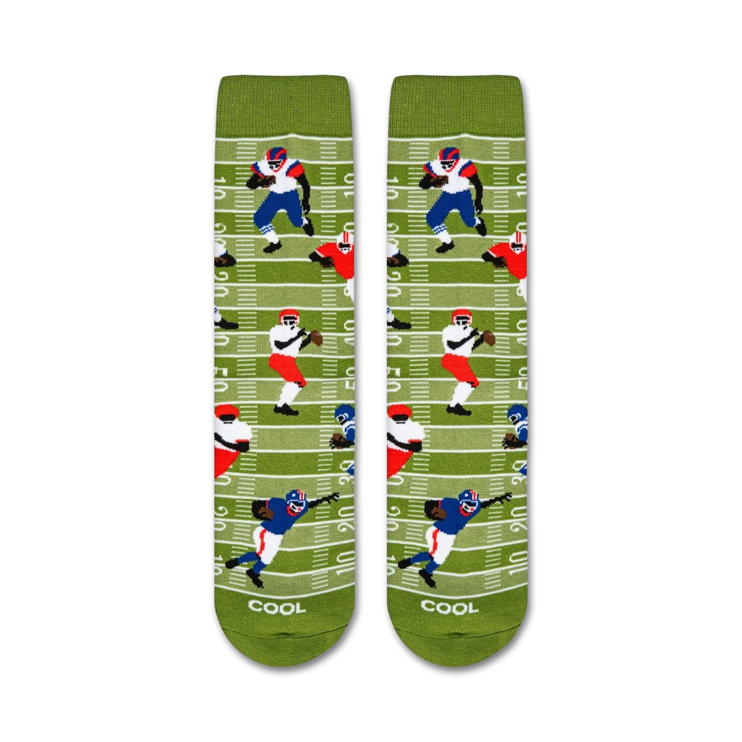 Flat lay product shot of a pair of Football socks.
