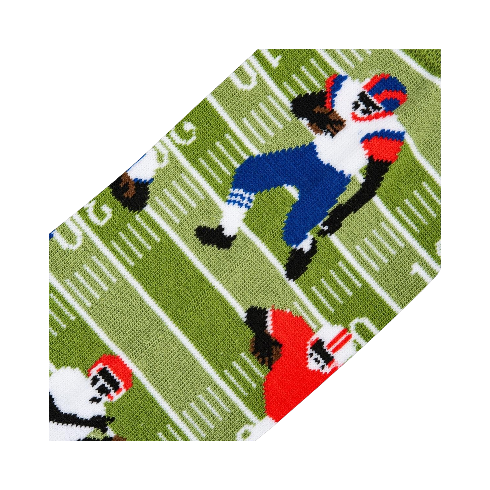 Close-up detail shot showing the fun, illustrated football player design on the socks.