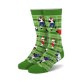 Crew socks in green, white, blue, and red. Design features cartoon football players on a field.