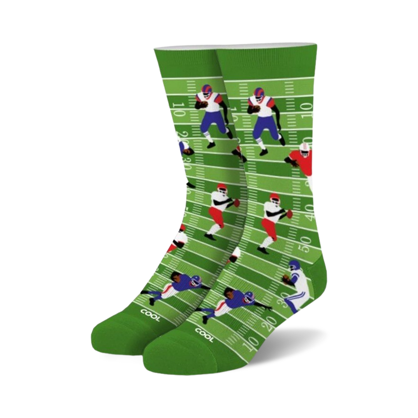 Crew socks in green, white, blue, and red. Design features cartoon football players on a field.