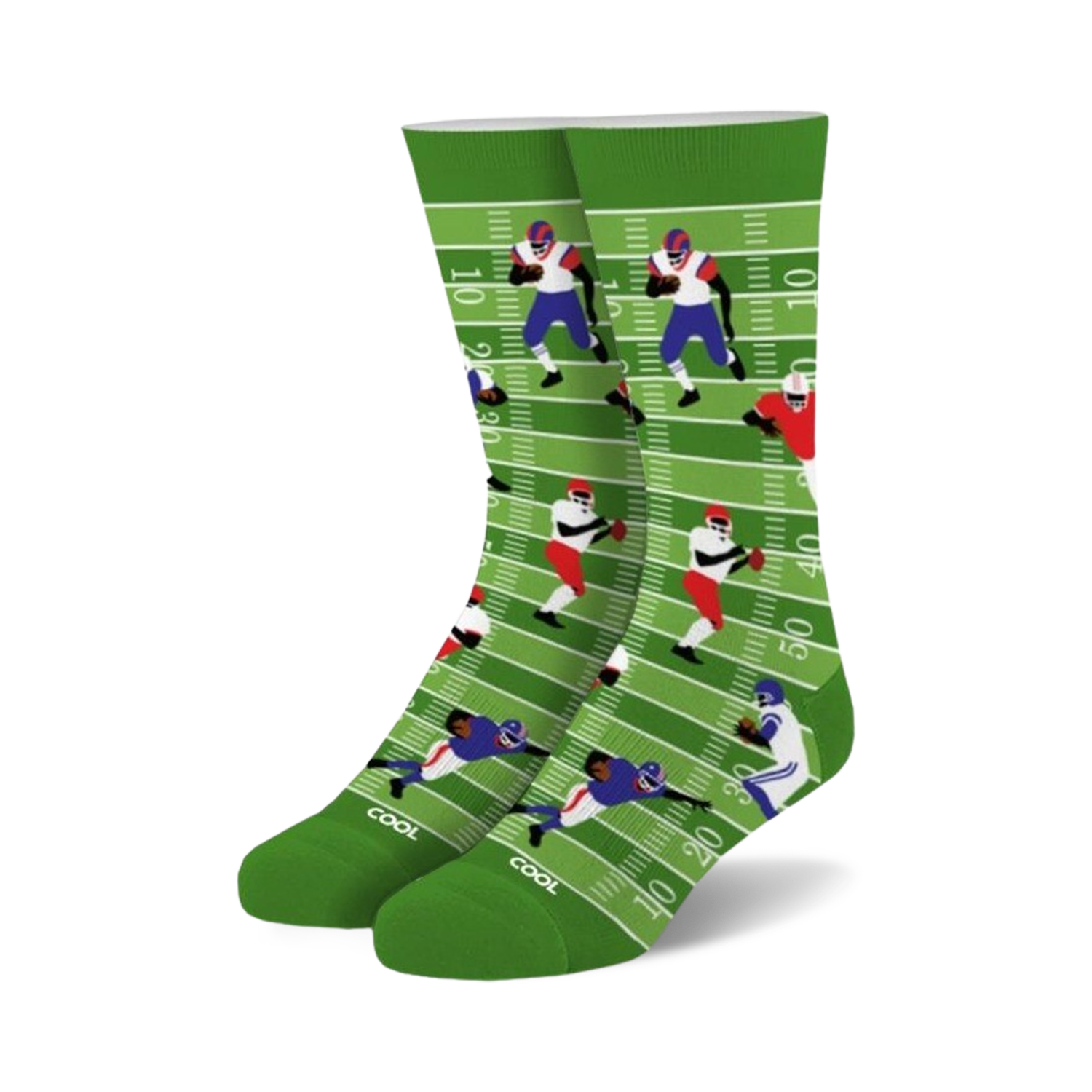 Crew socks in green, white, blue, and red. Design features cartoon football players on a field.