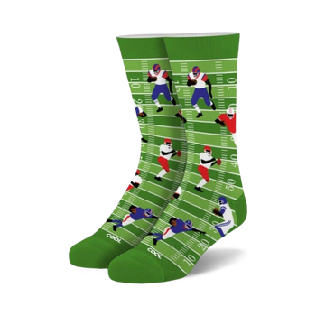 green crew socks, football field pattern, football player details, for men and women, football theme.  