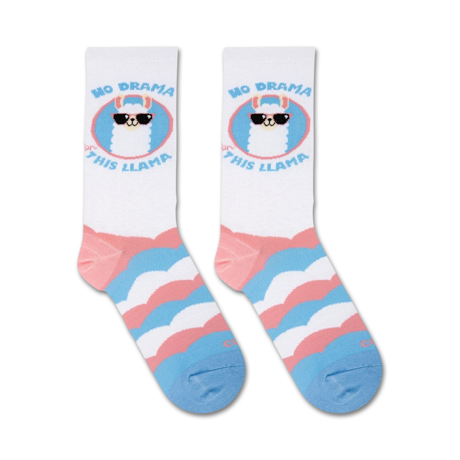 Flat lay showcasing a pair of No Drama Llama socks, highlighting their pastel pink, blue, and white striped pattern and llama design.