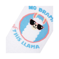 Close-up detail shot of the No Drama Llama graphic on the socks. Shows the llama wearing sunglasses and the text 'No Drama Llama'.