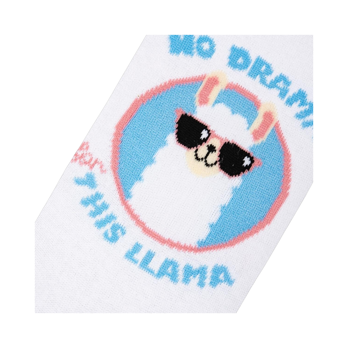 Close-up detail shot of the No Drama Llama graphic on the socks. Shows the llama wearing sunglasses and the text 'No Drama Llama'.