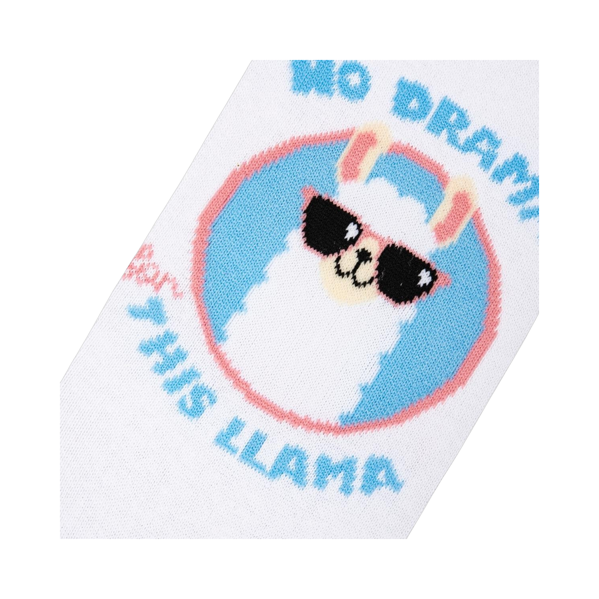 Close-up detail shot of the No Drama Llama graphic on the socks. Shows the llama wearing sunglasses and the text 'No Drama Llama'.