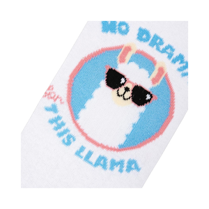 Close-up detail shot of the No Drama Llama graphic on the socks. Shows the llama wearing sunglasses and the text 'No Drama Llama'.