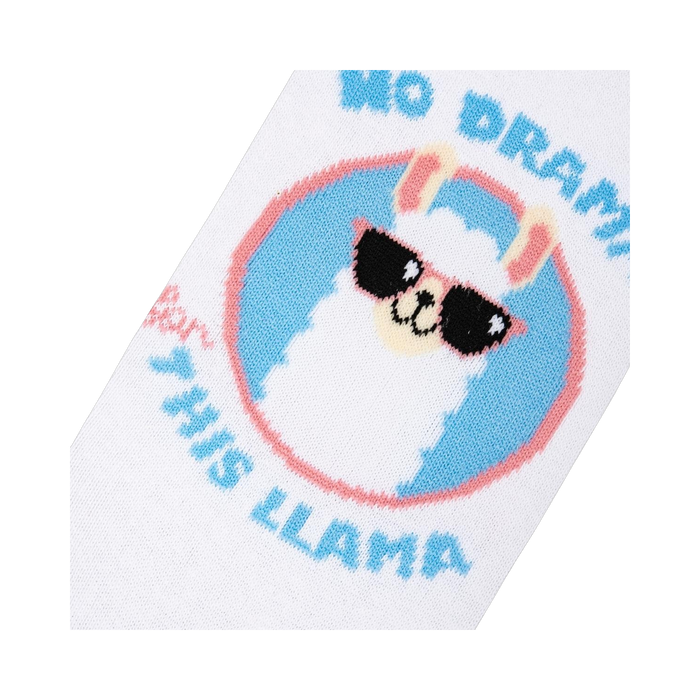 Close-up detail shot of the No Drama Llama graphic on the socks. Shows the llama wearing sunglasses and the text 'No Drama Llama'.