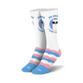 Pair of crew socks with pastel pink, blue, and white stripes and a cool llama graphic that says No Drama Llama.