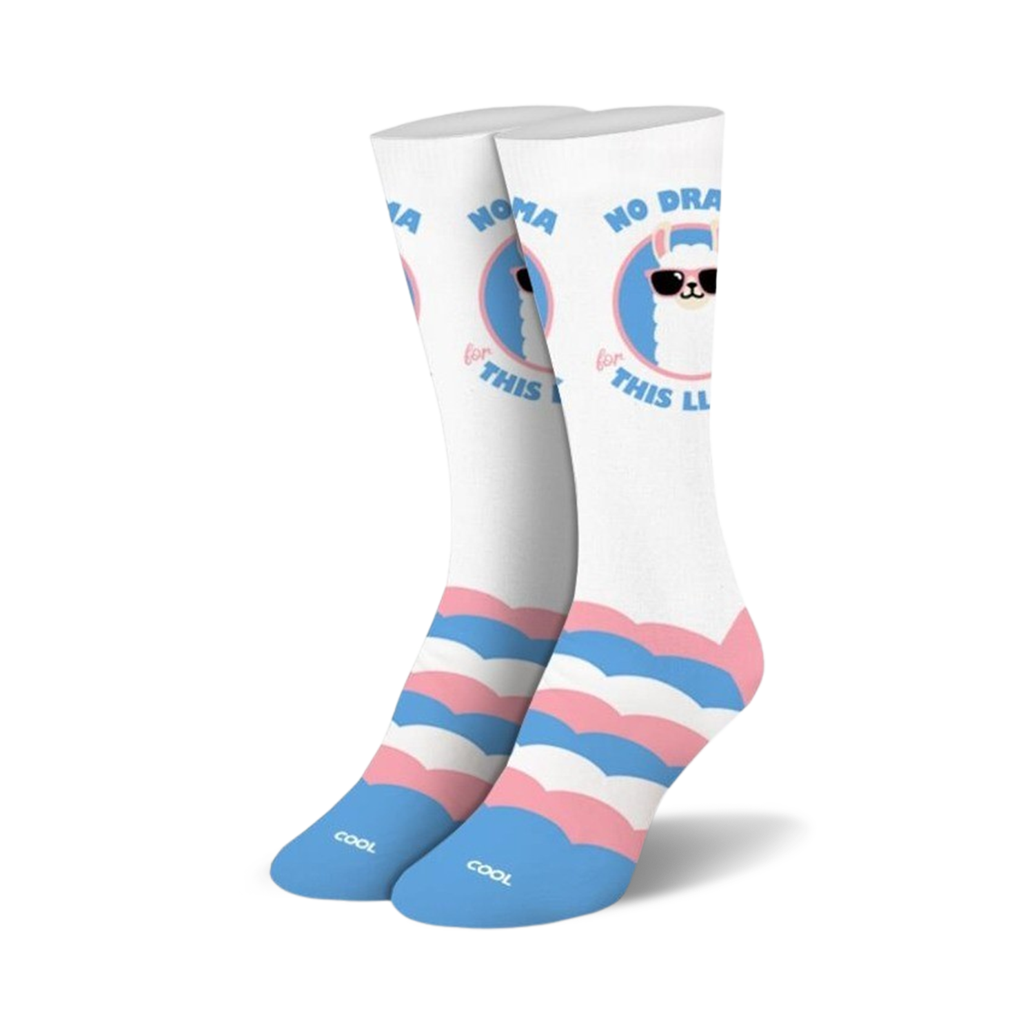 Pair of crew socks with pastel pink, blue, and white stripes and a cool llama graphic that says No Drama Llama.