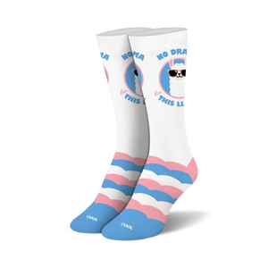 white crew socks featuring a llama inside a blue circle, pink and blue striped cuffs, and the phrase 