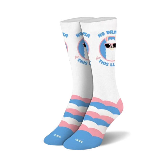white crew socks featuring a llama inside a blue circle, pink and blue striped cuffs, and the phrase 