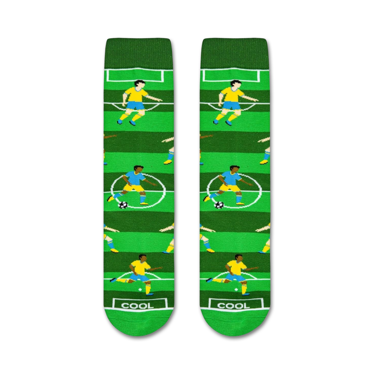 Pair of Soccer socks laid flat, showcasing the full design.