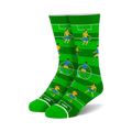 Crew socks in green and blue featuring a soccer field design with cartoon players. 