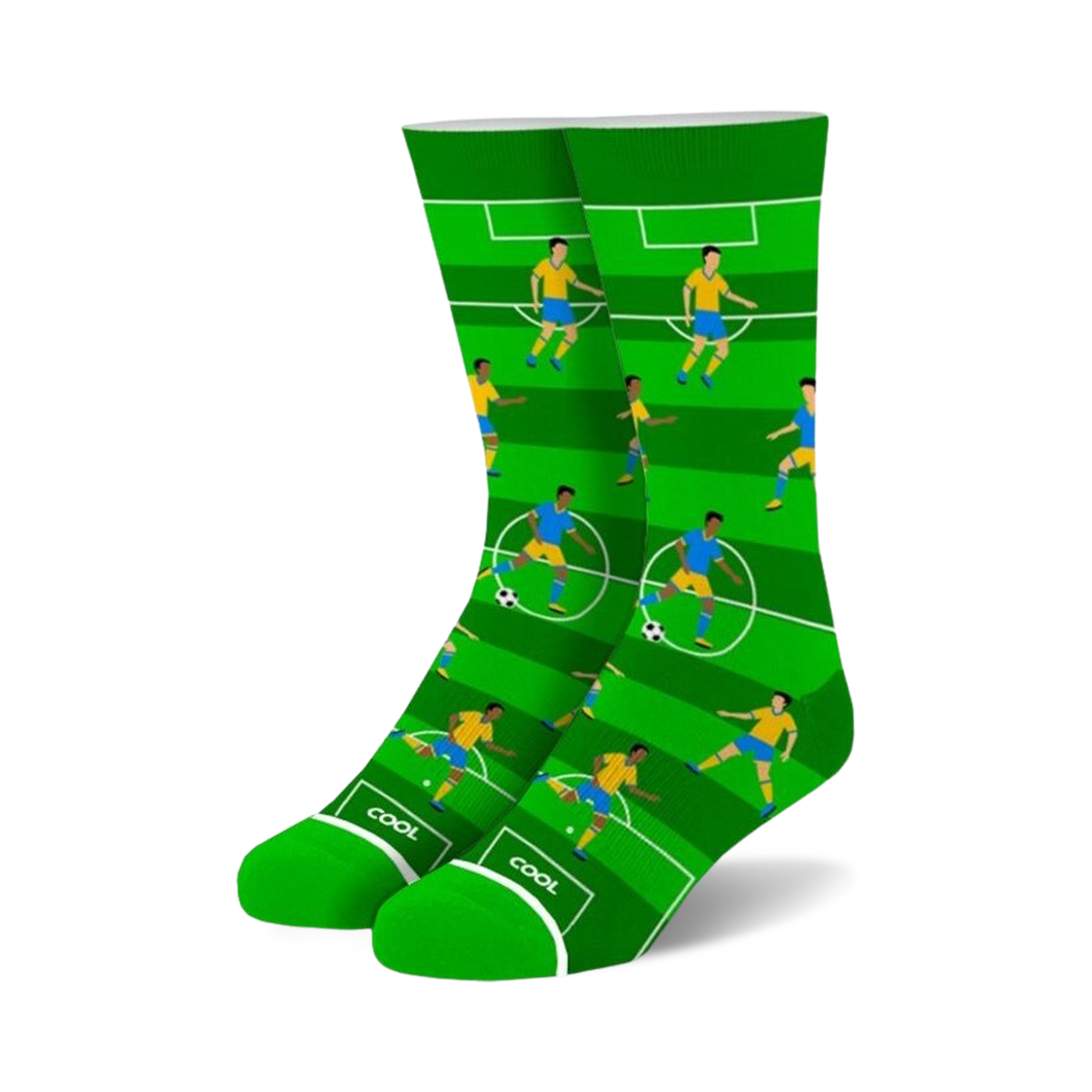 Crew socks in green and blue featuring a soccer field design with cartoon players. 