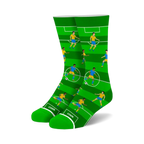 Crew socks in green and blue featuring a soccer field design with cartoon players. 