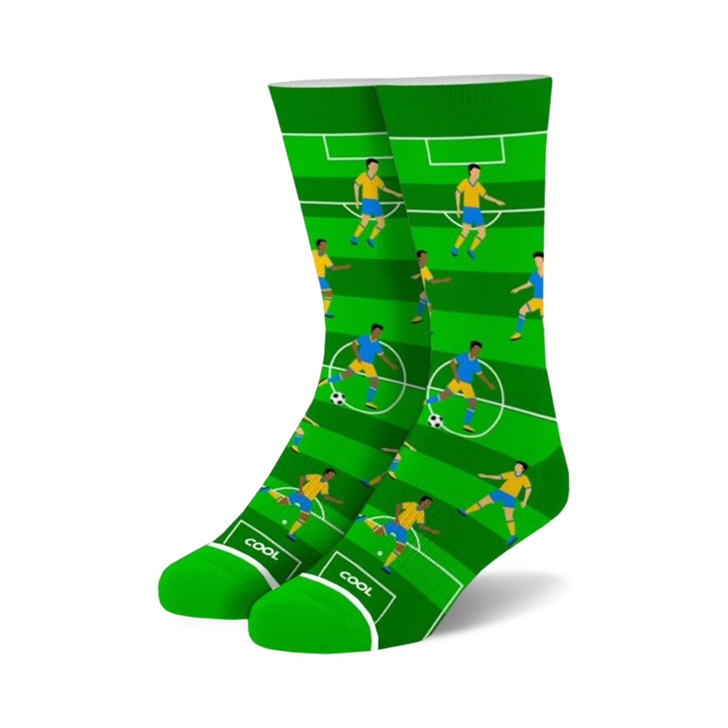 Crew socks in green and blue featuring a soccer field design with cartoon players. 