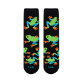 Flat lay of two black crew socks side by side showing a repeating pattern of brightly colored tree frogs.