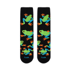 Flat lay of two black crew socks side by side showing a repeating pattern of brightly colored tree frogs.