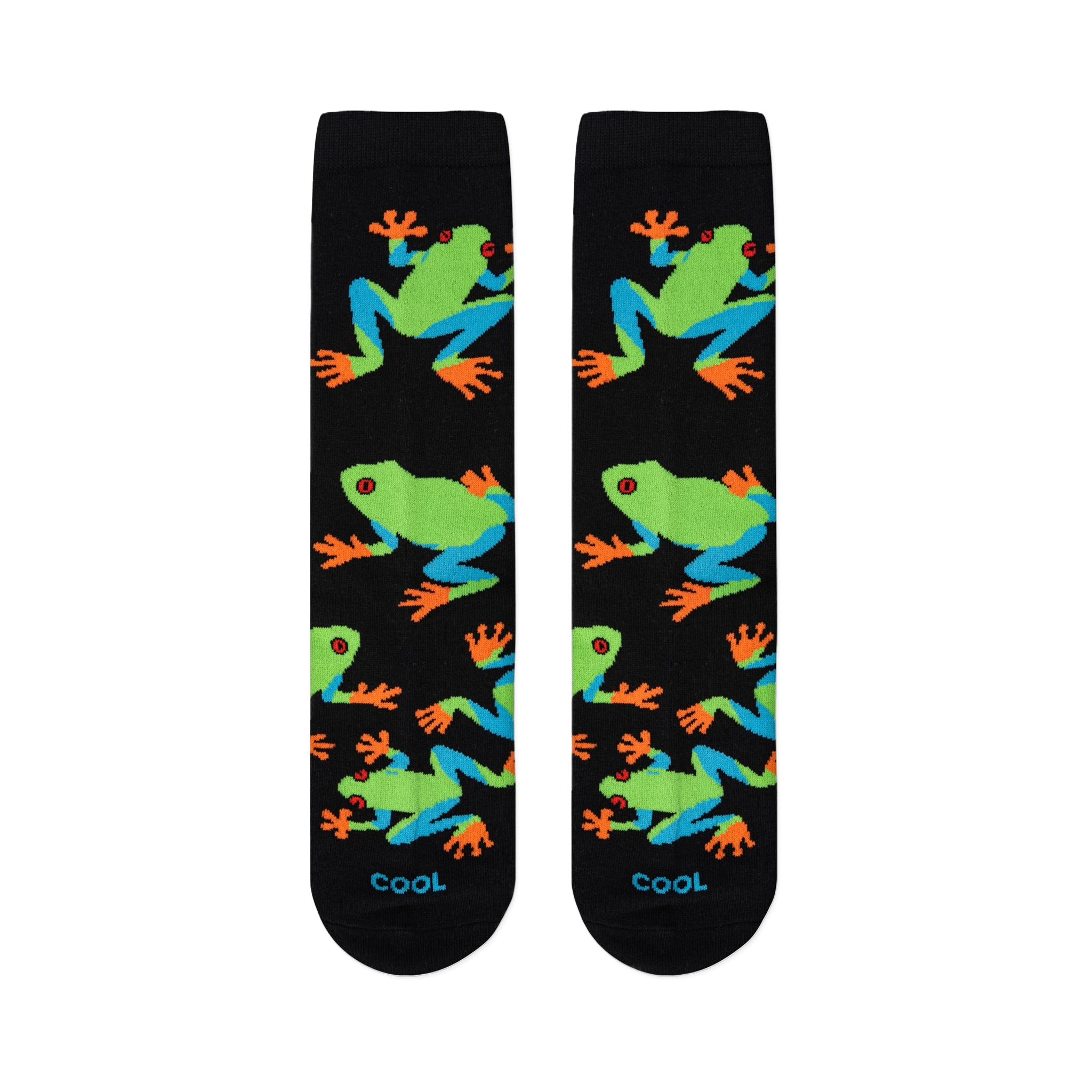 Flat lay of two black crew socks side by side showing a repeating pattern of brightly colored tree frogs.