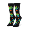 Black crew socks featuring a pattern of red-eyed tree frogs with bright green bodies, blue legs, and vibrant orange toes.