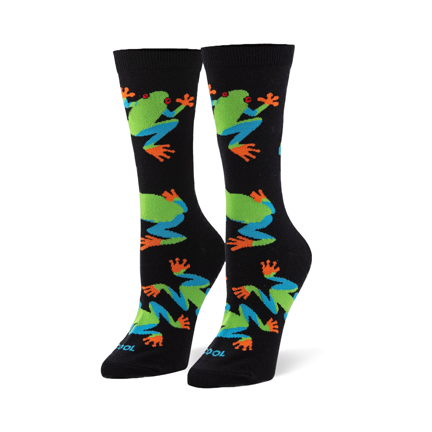 Black crew socks featuring a pattern of red-eyed tree frogs with bright green bodies, blue legs, and vibrant orange toes.