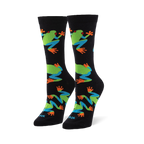 Black crew socks featuring a pattern of red-eyed tree frogs with bright green bodies, blue legs, and vibrant orange toes.