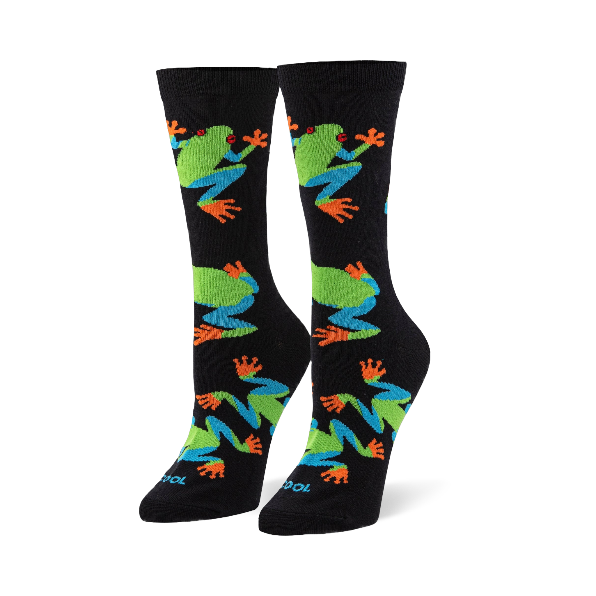 Black crew socks featuring a pattern of red-eyed tree frogs with bright green bodies, blue legs, and vibrant orange toes.