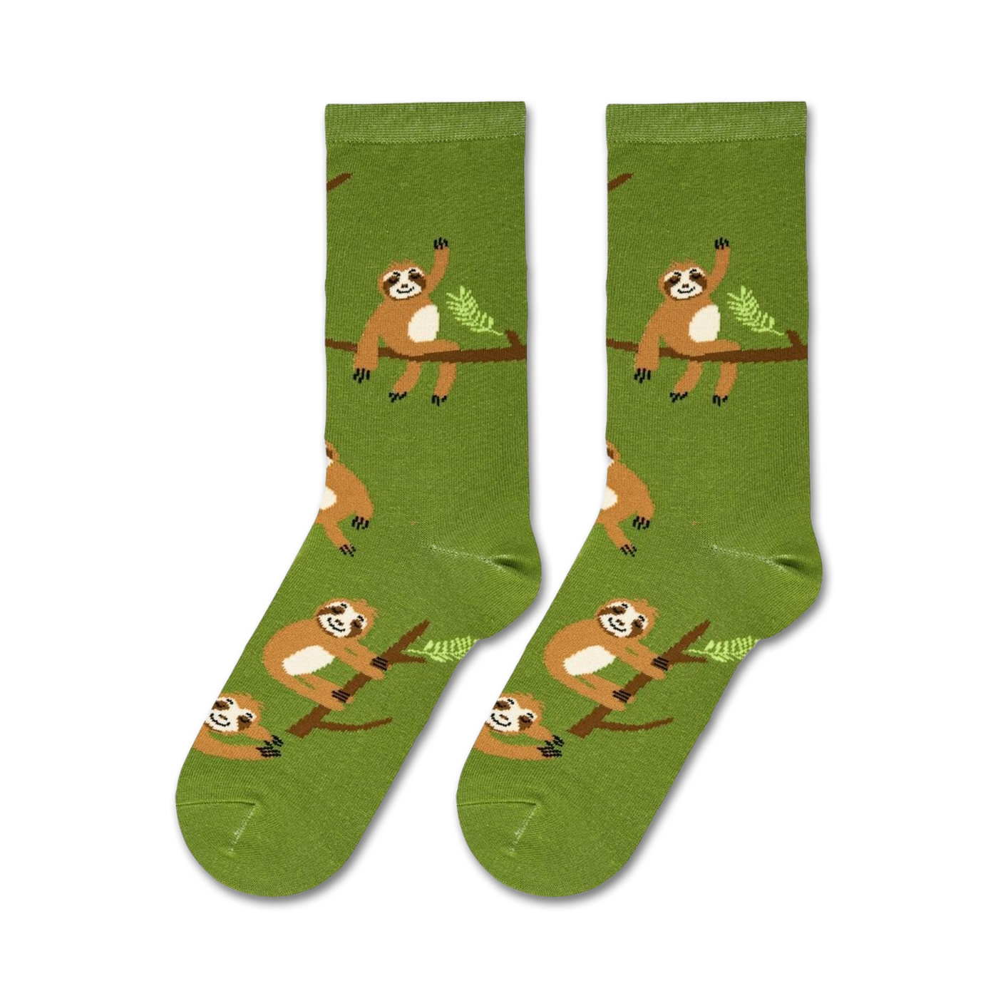 Flatlay showcasing a pair of green crew socks with sloths.