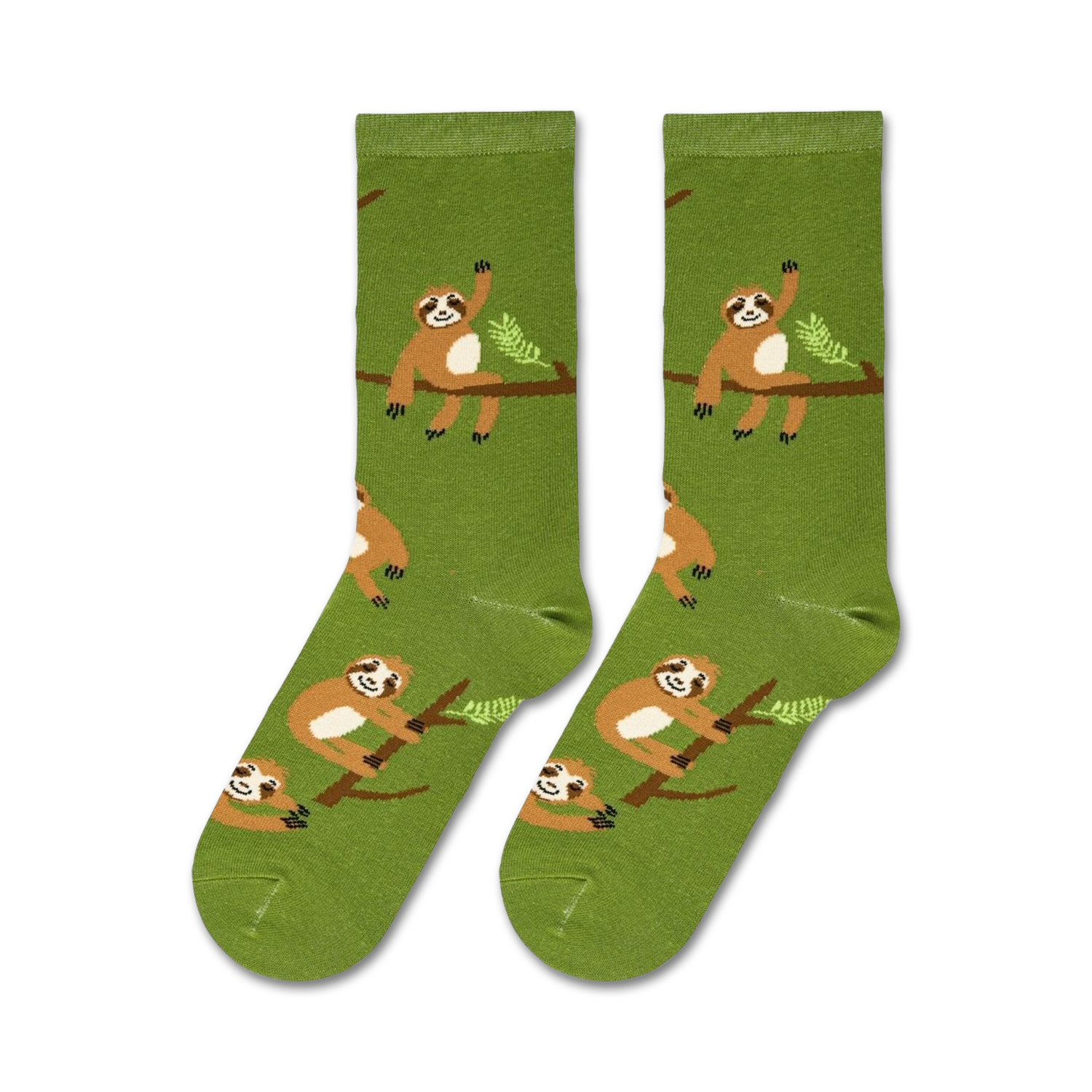 Flatlay showcasing a pair of green crew socks with sloths.