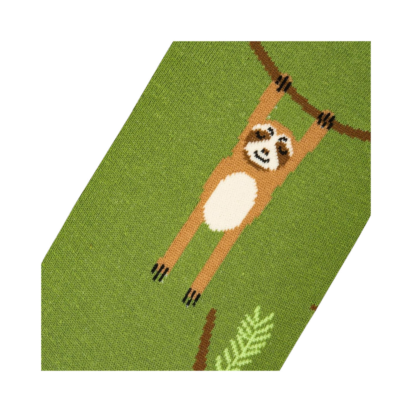 Close-up detail shot of a sloth on the sock, highlighting the knit texture.