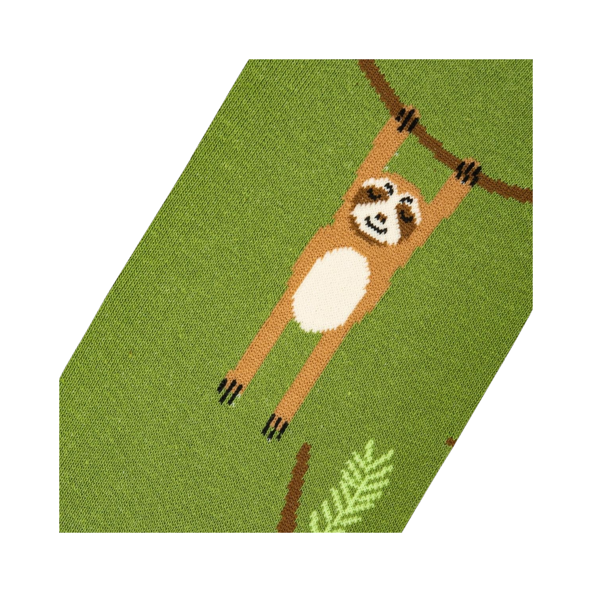 Close-up detail shot of a sloth on the sock, highlighting the knit texture.