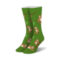 Pair of green crew socks with repeating pattern of brown sloths hanging on branches. 
