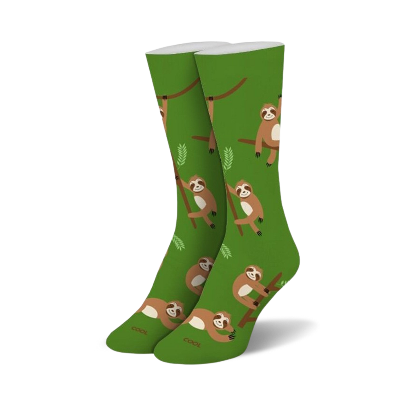 Pair of green crew socks with repeating pattern of brown sloths hanging on branches. 