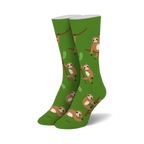 Pair of green crew socks with repeating pattern of brown sloths hanging on branches. 