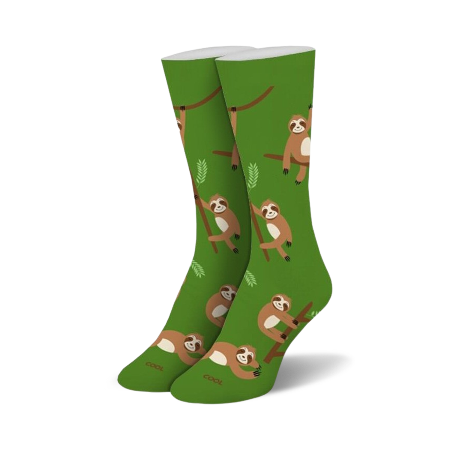 Pair of green crew socks with repeating pattern of brown sloths hanging on branches. 