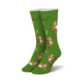 green crew socks with brown sloths hanging from branches pattern. womens.  