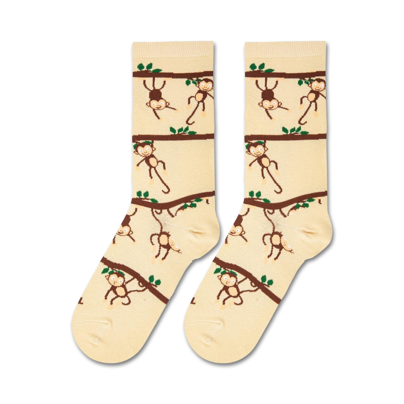 Flatlay showcasing a pair of beige crew socks with a playful monkey design.