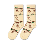 Flatlay showcasing a pair of beige crew socks with a playful monkey design.