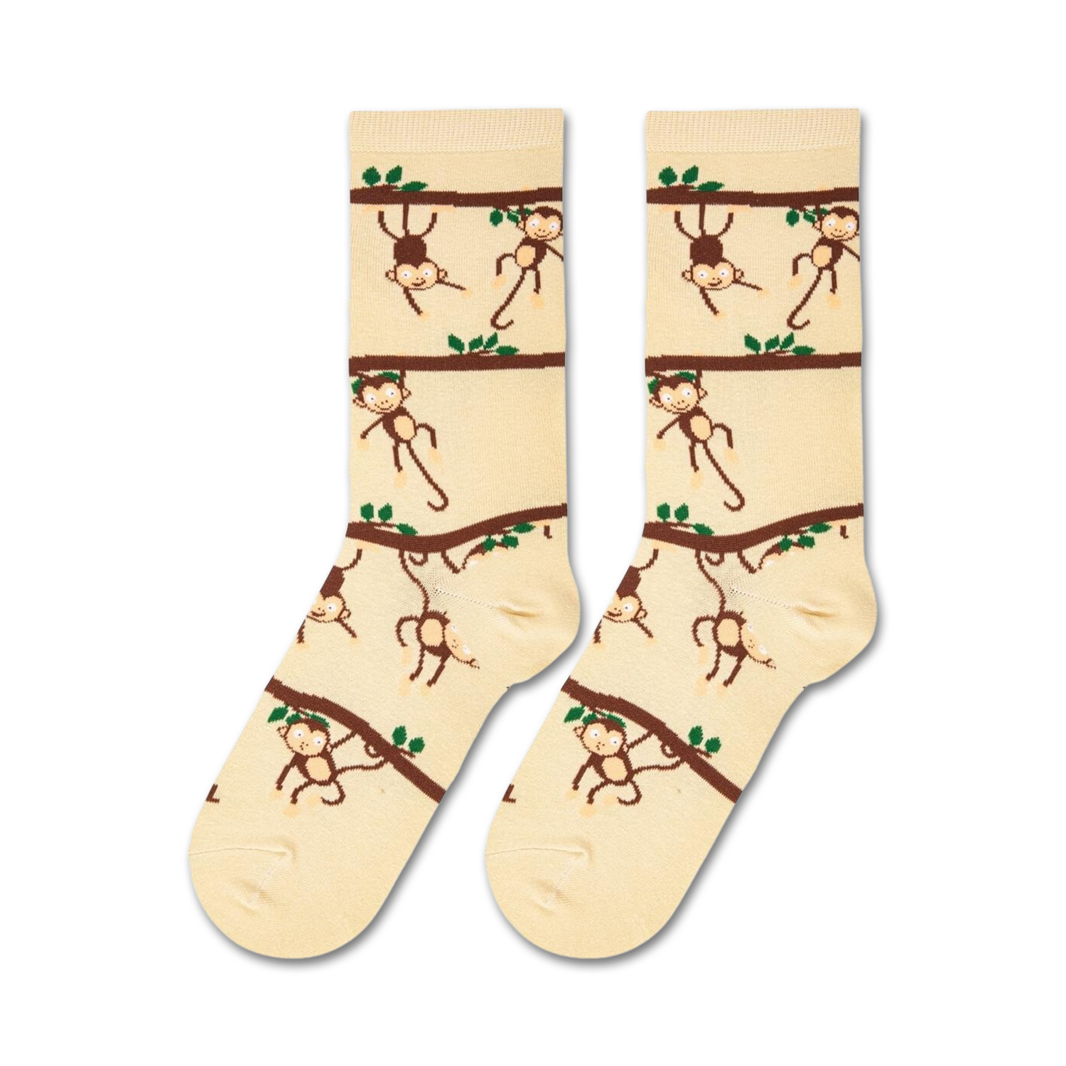 Flatlay showcasing a pair of beige crew socks with a playful monkey design.
