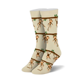 Pair of beige crew socks with a repeating pattern of brown monkeys hanging from tree branches. Green leaves are also included in the design.