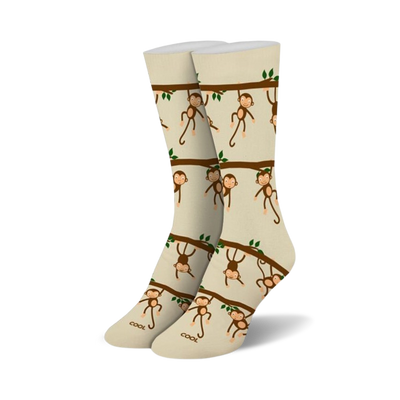 cartoon monkey pattern crew socks in brown, green.  