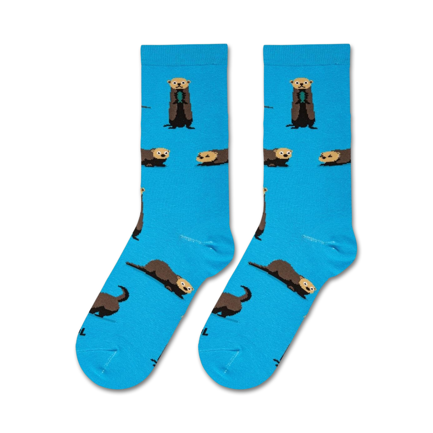 Flatlay showcasing a pair of blue sea otter socks.