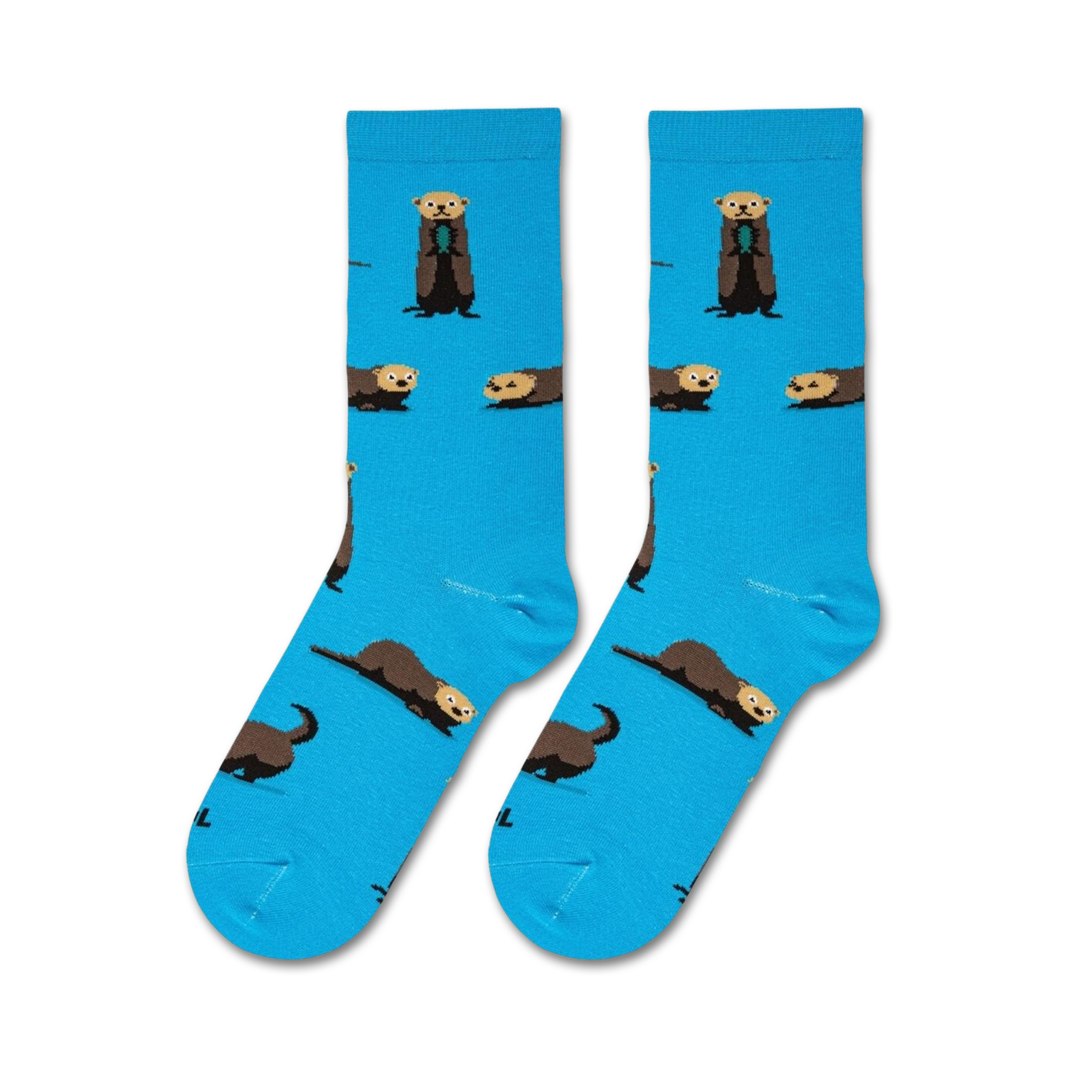 Flatlay showcasing a pair of blue sea otter socks.