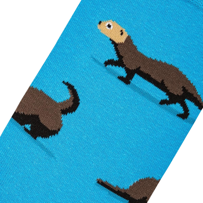 A blue sock with a pattern of brown ferrets.