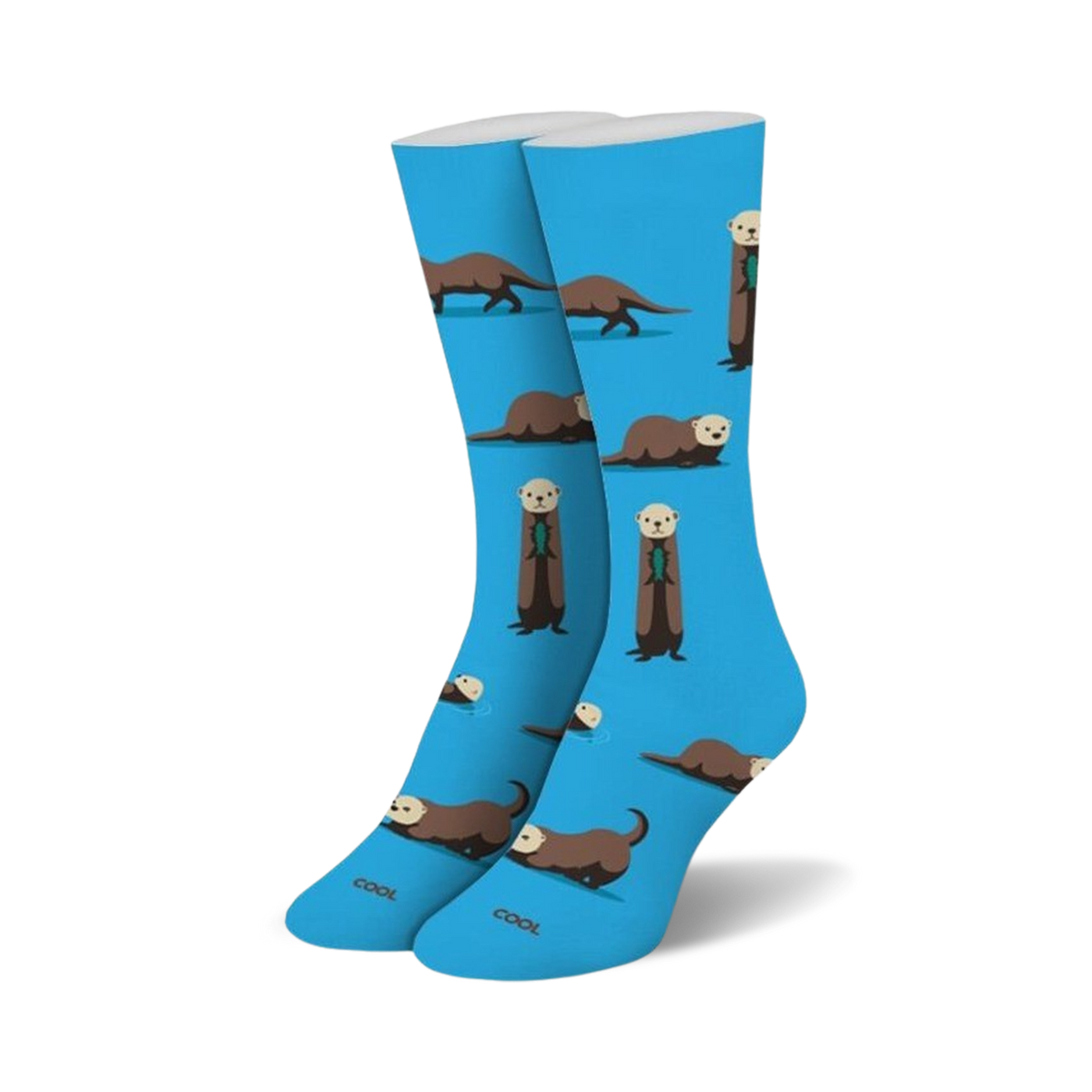 Pair of blue crew socks featuring a repeating pattern of brown sea otters holding kelp. 